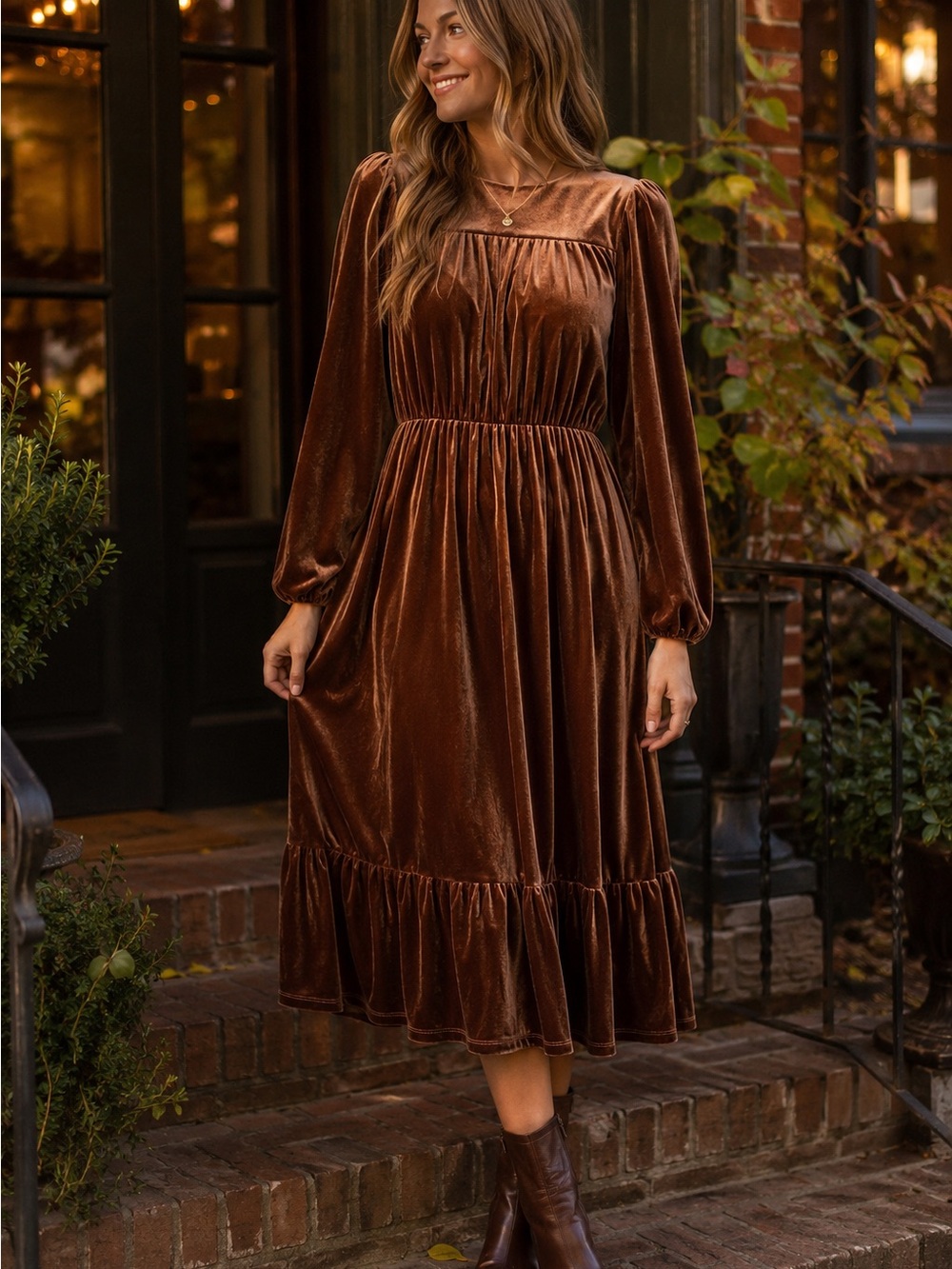 Polagram Brown Velvet Midi Dress M Puff Sleeve Cottagecore Boho Holiday